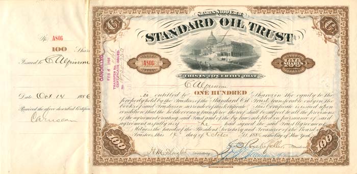Standard Oil Trust signed by Clement A. Griscom and William Henry Beardsley - 1886 Autograph Stock Certificate